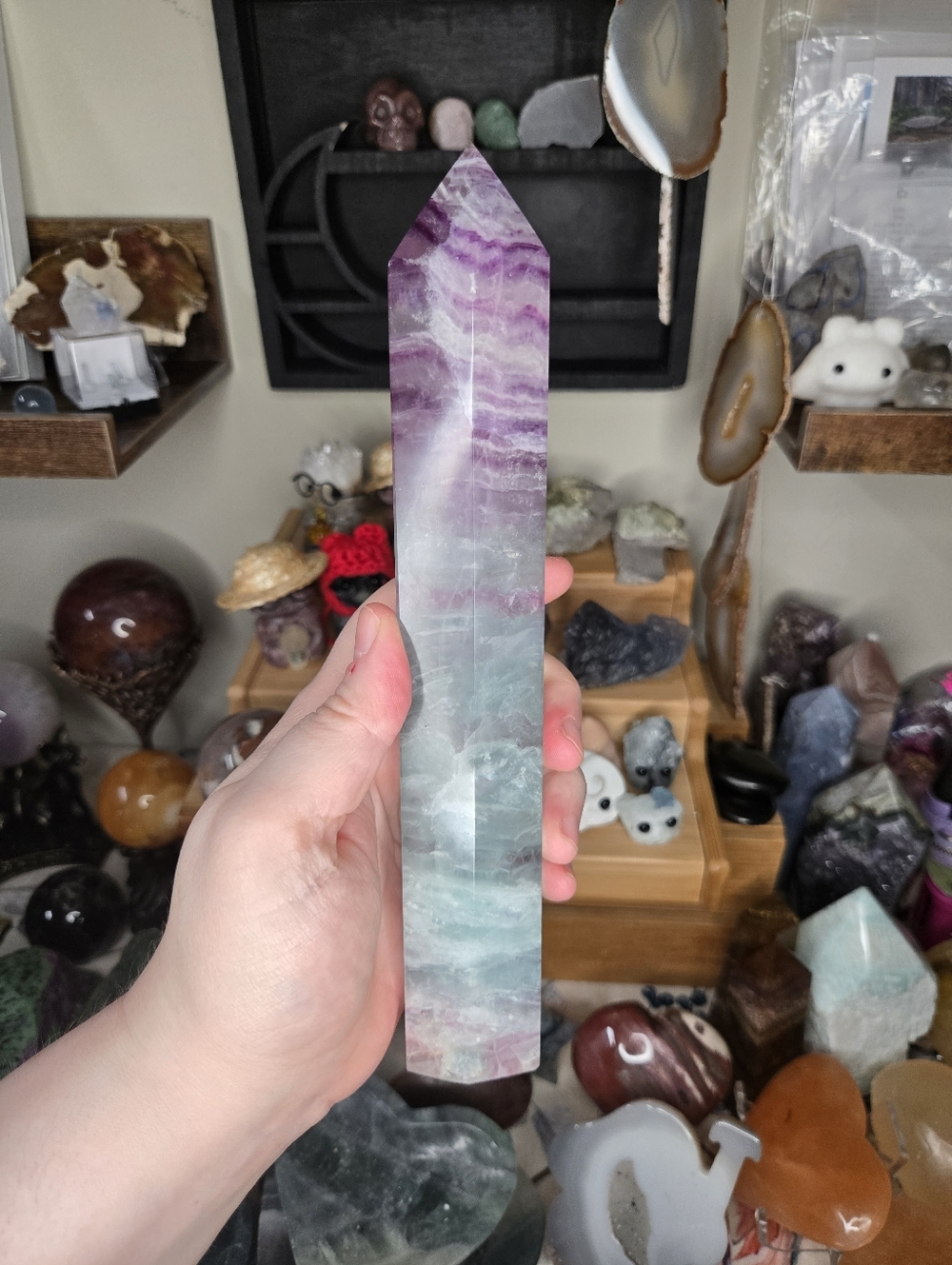 XL Blue Green Purple Swirl Fluorite Crystal Point Tower